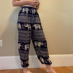 Purple elephant pants, light material with elastic pant cuffs.